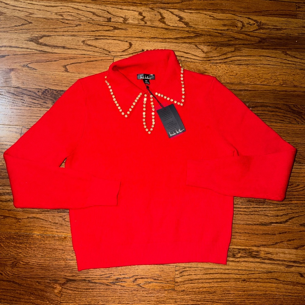 Nicole Miller Red Sweater with Pearl Detail